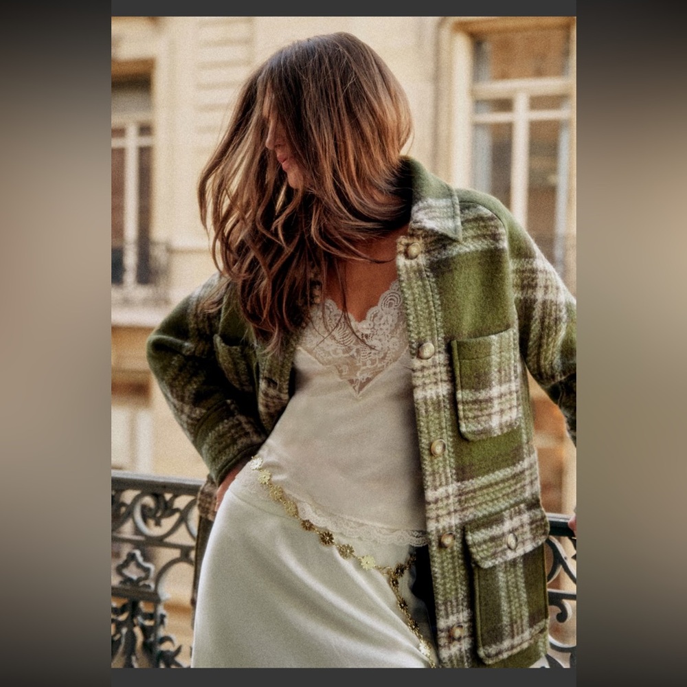 Sezane Paolo Green Khaki Plaid Check Jacket, NWT - Picture 4 of 10